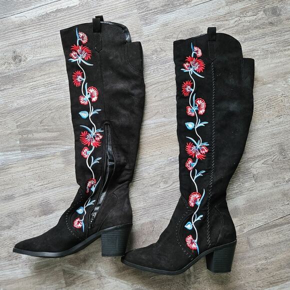 Carlos by Carlos Santana Black Over the Knee Boots with Red Floral Embroidery - Picture 10 of 15